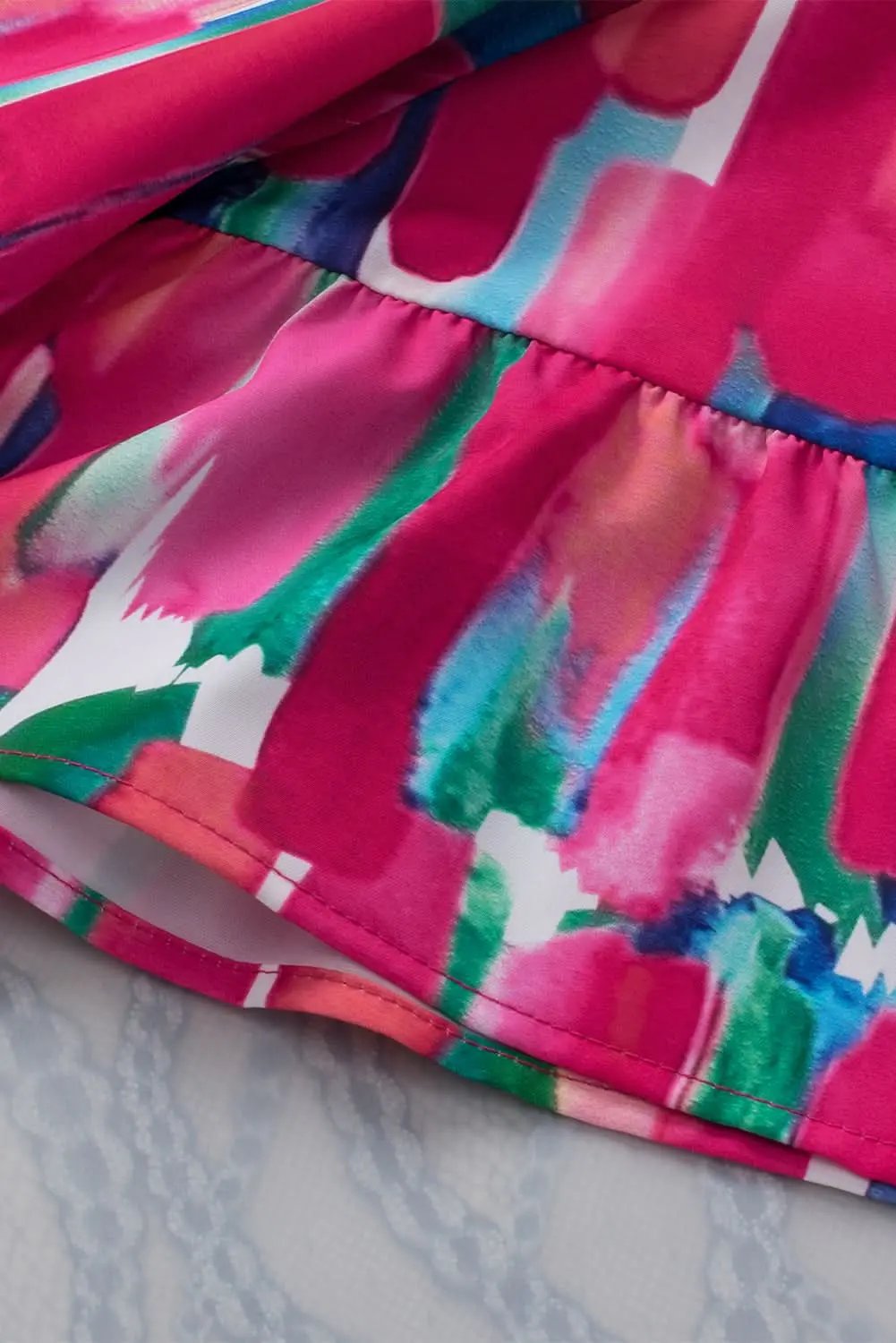 Rose Abstract Brushwork Print Buttoned V Neck Blouse - Love Salve